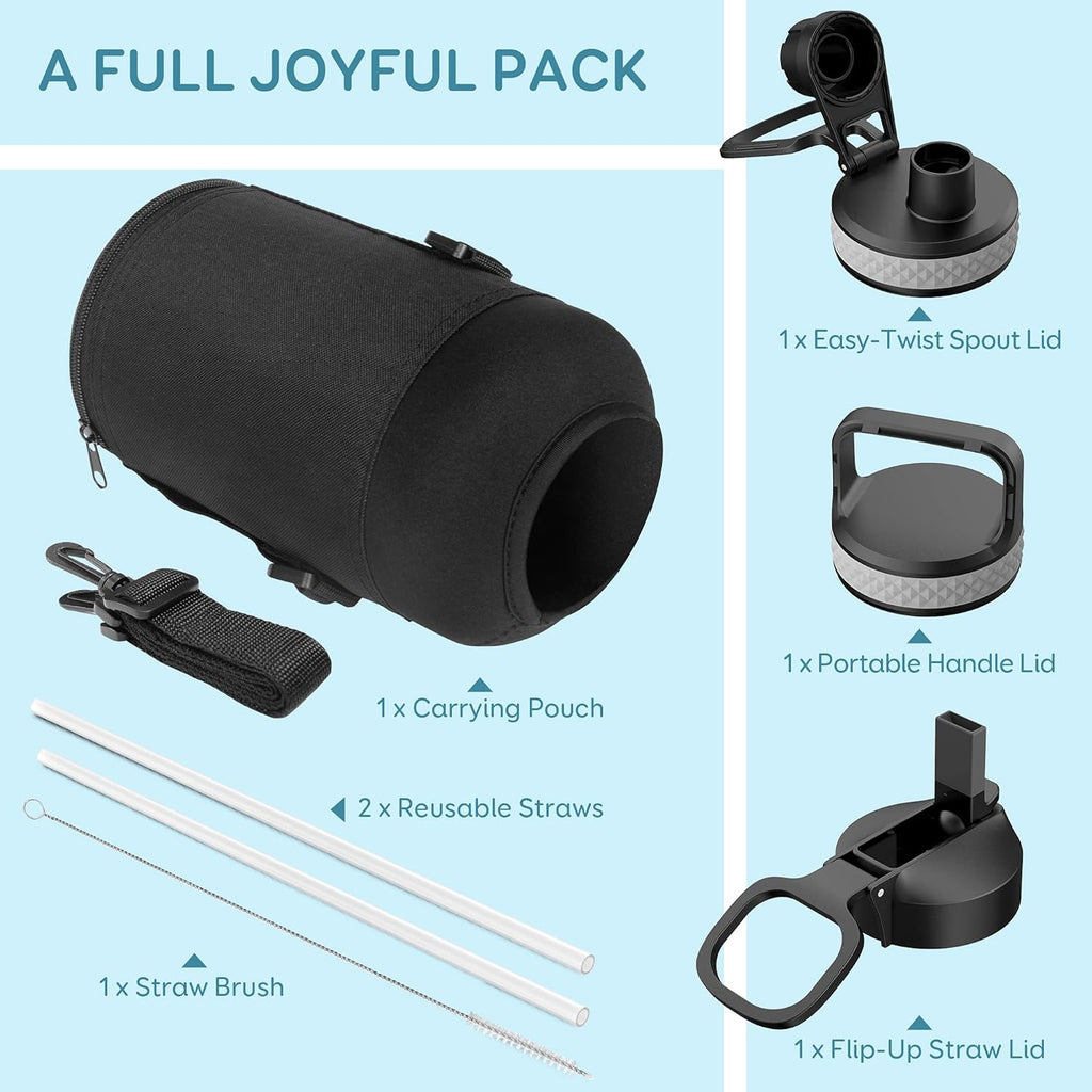 Water Bottle 87 Oz with Straw, 2/3 Gallon Insulated Stainless Steel Large 3 Lids Big Water Jug for Sports or Office, Non-Bpa Keep Cold up to 48 Hrs or Hot up to 24 Hrs, Samurai Cyan