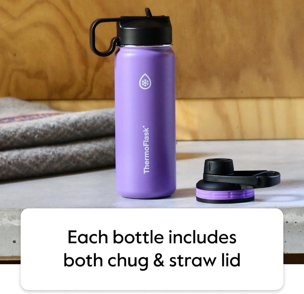 Bottle with Chug Lid & Straw Lid - Insulated Stainless Steel Water Bottle with Leak-Proof Lids - Dishwasher-Safe Reusable Bottle & Lids - Durable Bottle, 2 Straws & 2 Lids - 24 Oz, Cobalt
