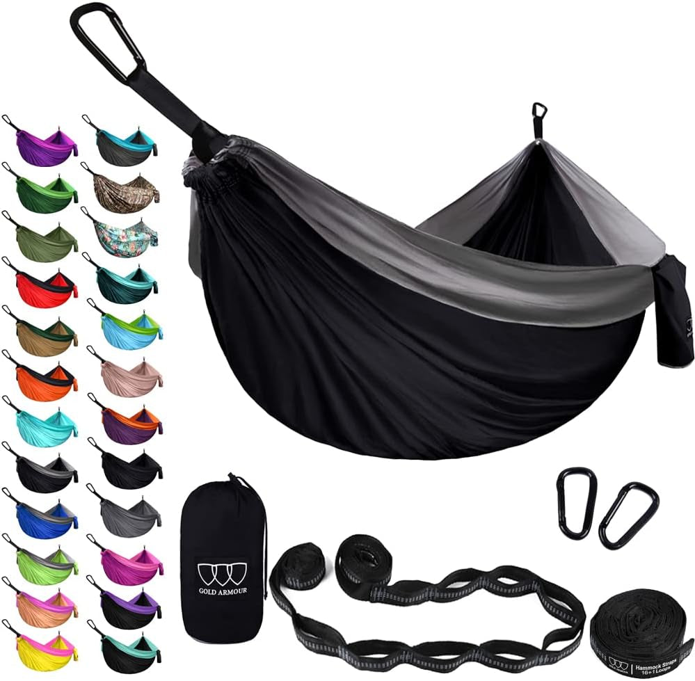 Camping Hammock - XL Double Hammock Portable Hammock Camping Accessories Gear for Outdoor Indoor with Tree Straps, USA Based Brand (Black and Gray)