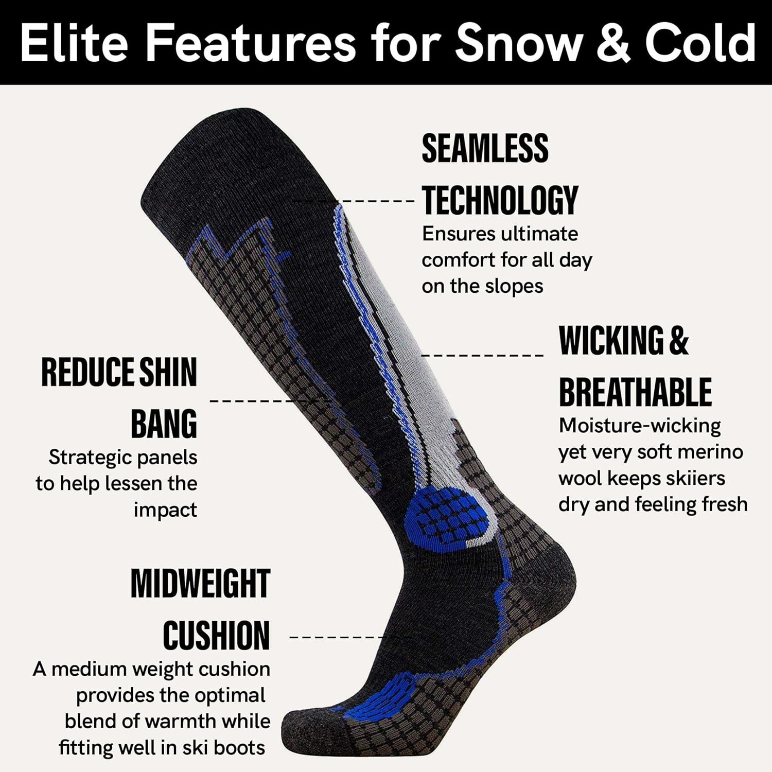 High Performance Wool Ski Socks - Thermal Warm Merino Wool OTC Sock, Men Women
