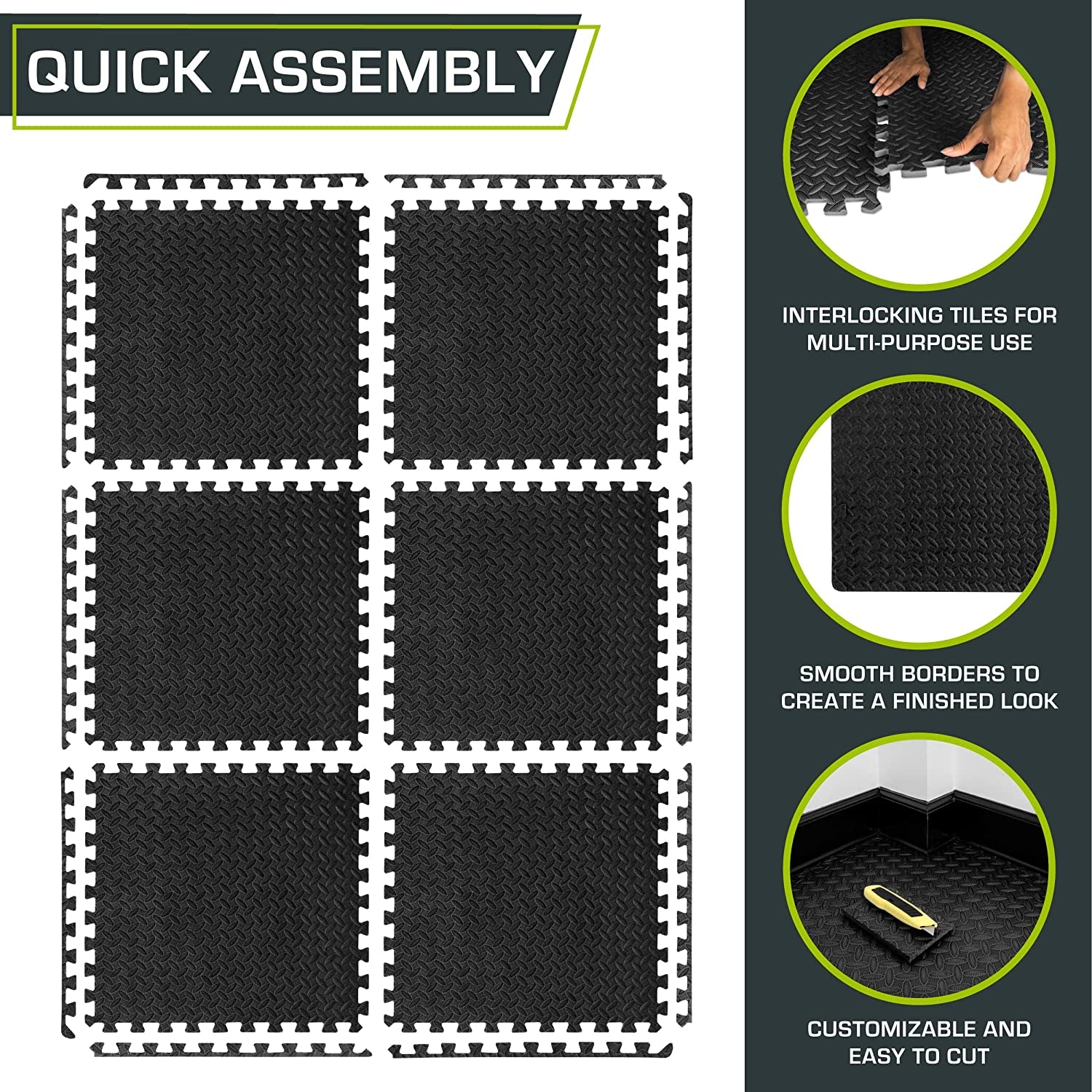 Puzzle Exercise Mat ½ In, EVA Interlocking Foam Floor Tiles for Home Gym, Mat for Home Workout Equipment, Floor Padding for Kids, Black, 24 in X 24 in X ½ In, 24 Sq Ft - 6 Tiles