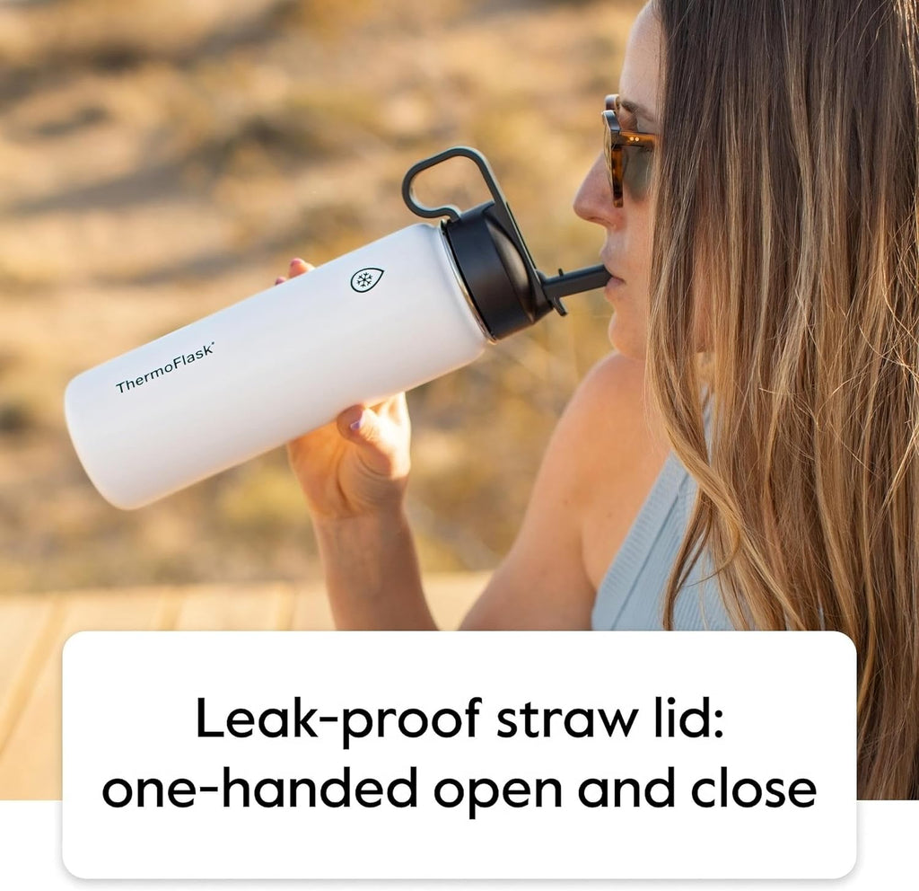 Bottle with Chug Lid & Straw Lid - Insulated Stainless Steel Water Bottle with Leak-Proof Lids - Dishwasher-Safe Reusable Bottle & Lids - Durable Bottle, 2 Straws & 2 Lids - 24 Oz, Cobalt