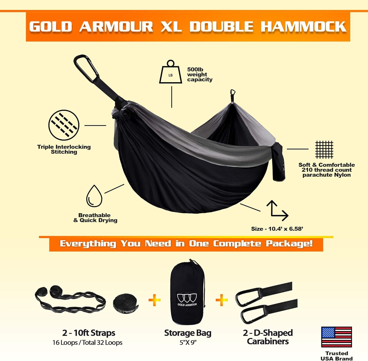 Camping Hammock - XL Double Hammock Portable Hammock Camping Accessories Gear for Outdoor Indoor with Tree Straps, USA Based Brand (Black and Gray)