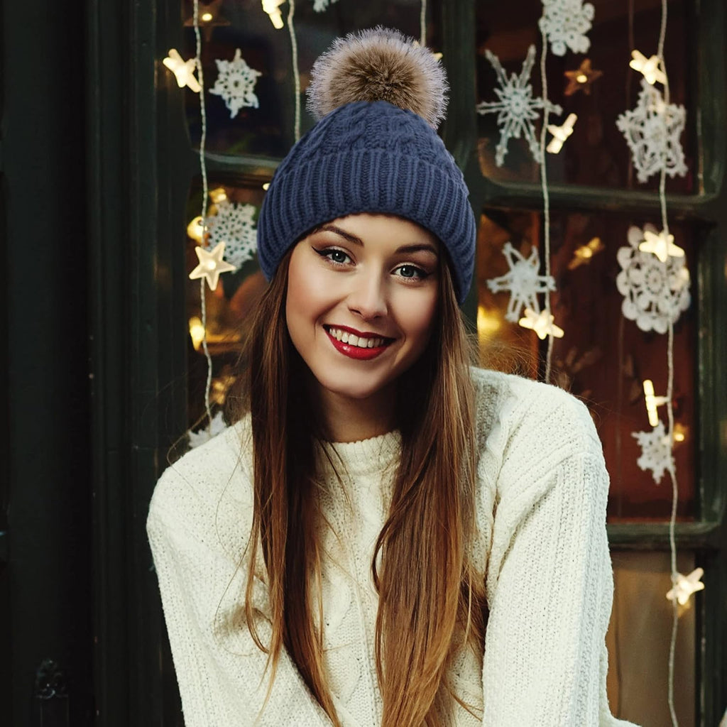 Women'S Winter Soft Knit Beanie Hat with Faux Fur Pom Pom Warm Skull Cap Beanies for Women