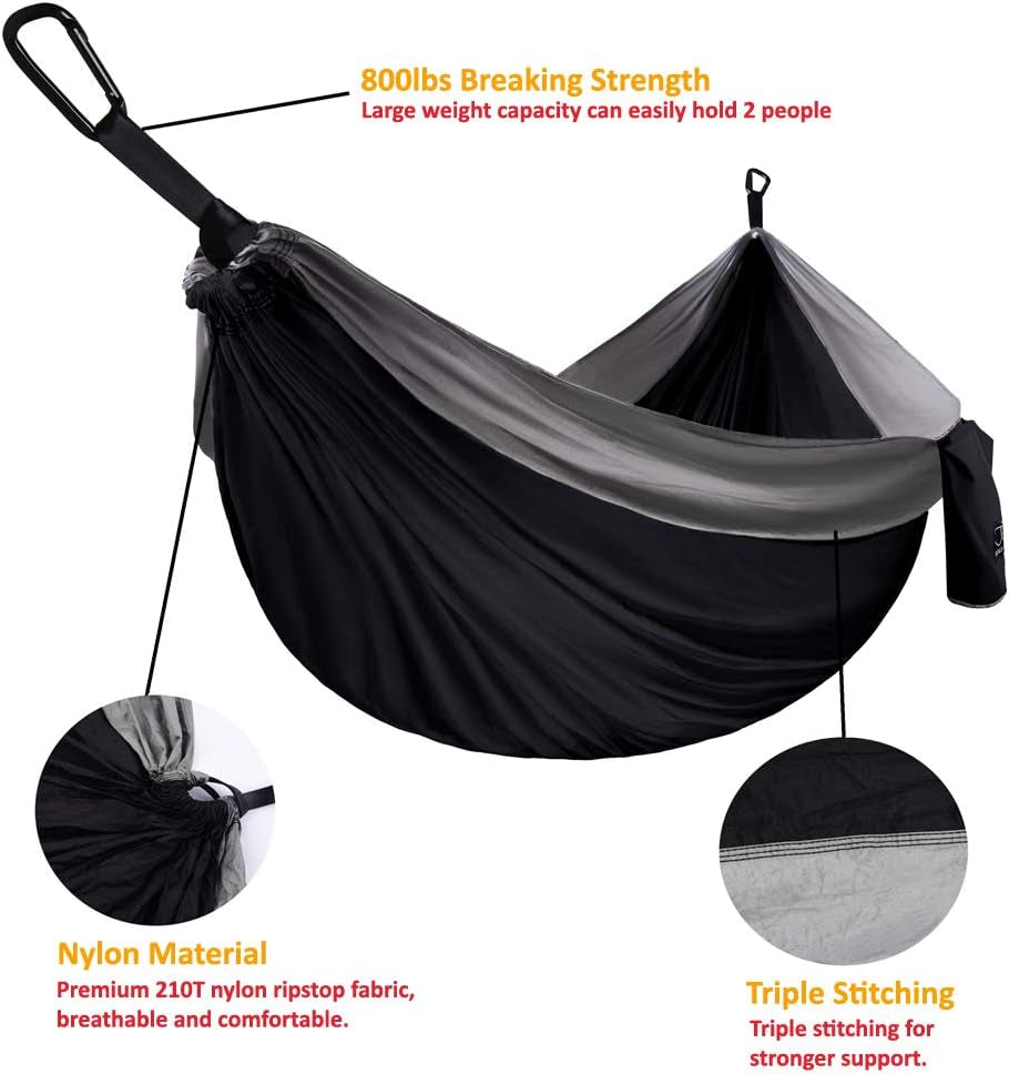 Camping Hammock - XL Double Hammock Portable Hammock Camping Accessories Gear for Outdoor Indoor with Tree Straps, USA Based Brand (Black and Gray)